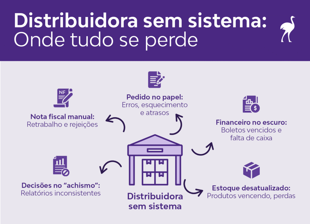 Infográfico “Distribuidora sem sistema: onde tudo se perde”, mostrando os principais problemas como nota fiscal manual, pedidos no papel, decisões no achismo, financeiro no escuro e estoque desatualizado.